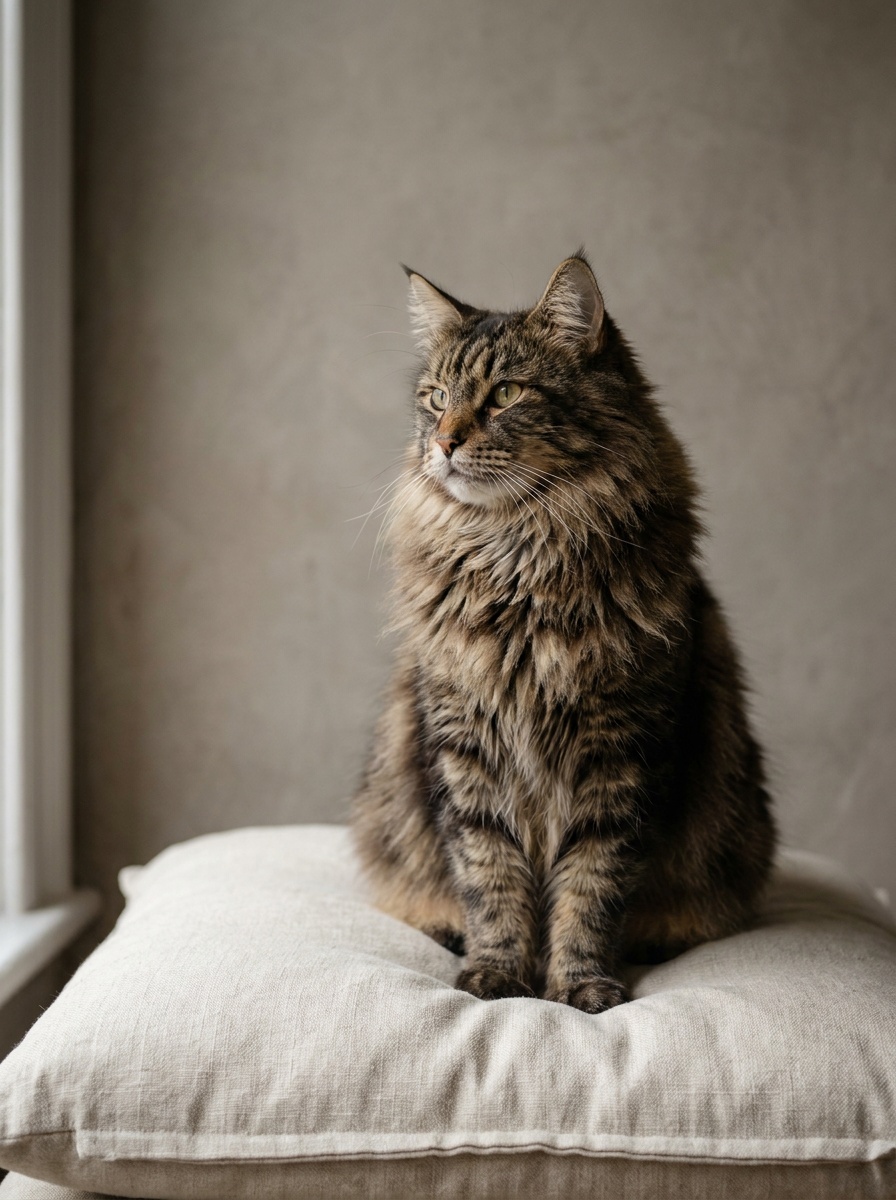 A large brown tabby Maine Coon sitting upright on a cream linen cushion, its long ruff lit by soft side light