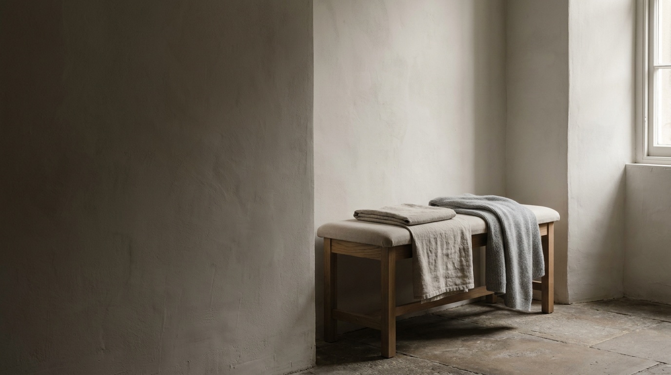 A quiet grooming room in an old Edinburgh stone building, a padded table draped in an oatmeal towel beside pale limewashed walls