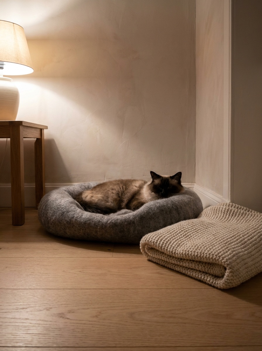 A seal-point Ragdoll lying relaxed in a round felted wool bed on a light oak floor