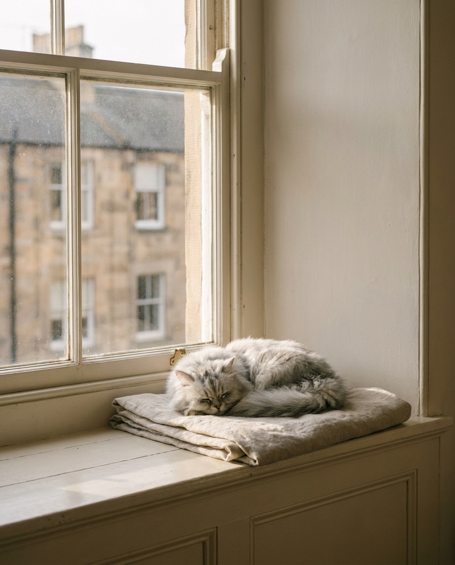 A silver-grey longhaired Persian asleep on a painted wooden windowsill, low afternoon sun across its freshly groomed coat