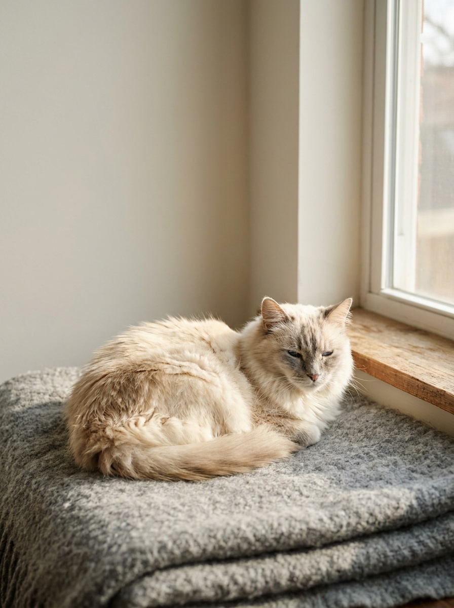 An elderly cream longhaired cat curled on a grey wool blanket, eyes half closed in warm afternoon light